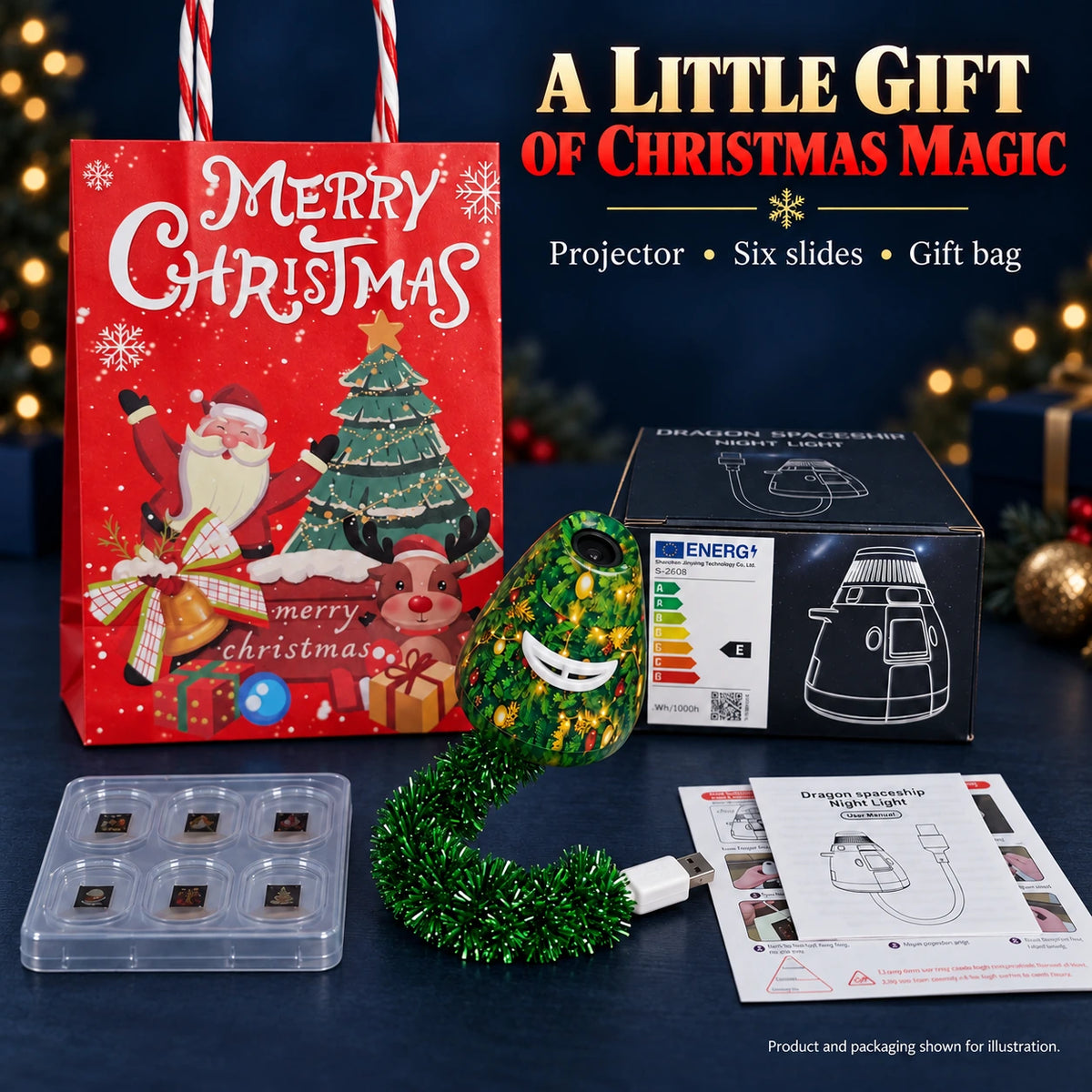 Christmas projector gift set with red gift bag, six projection slides, retail box and instructions.