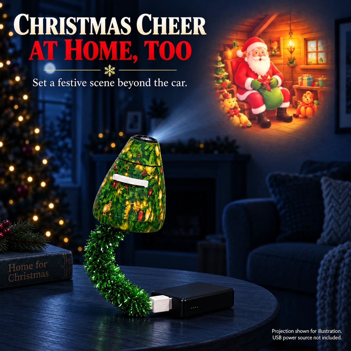 Green Christmas USB projector with a cozy Santa cabin projection illustrated on a wall at home.