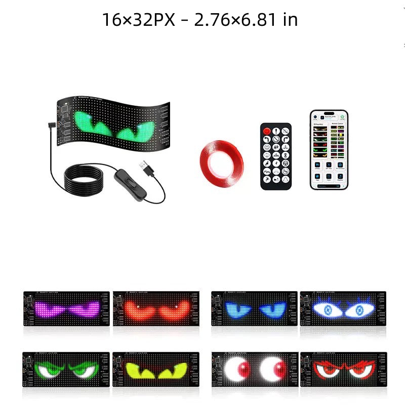 CARMOJ 16x32px small Devil Eyes LED panel package contents and color effects