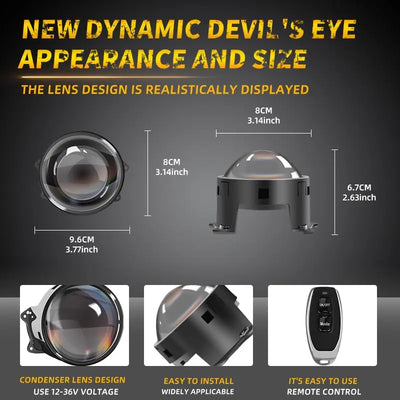 CARMOJ Adjustable Devil Eye LED car light lens size and remote details