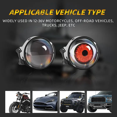 CARMOJ Adjustable Devil Eye LED car lights shown with compatible vehicle types