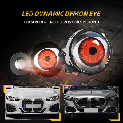 CARMOJ Adjustable Devil Eye LED car lights installed in vehicle headlights