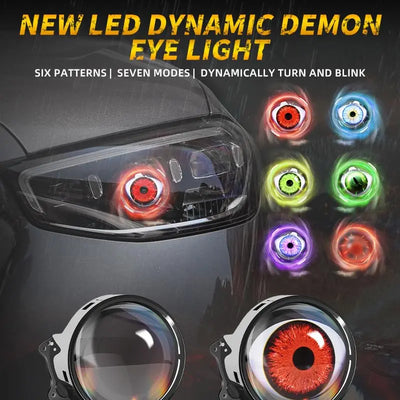 CARMOJ Adjustable Devil Eye LED car lights showing multiple iris colors
