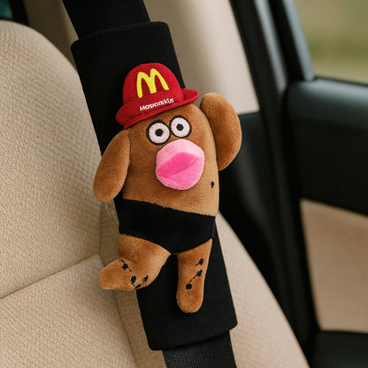 CARMOJ Brown plush seat belt shoulder pad installed inside a car