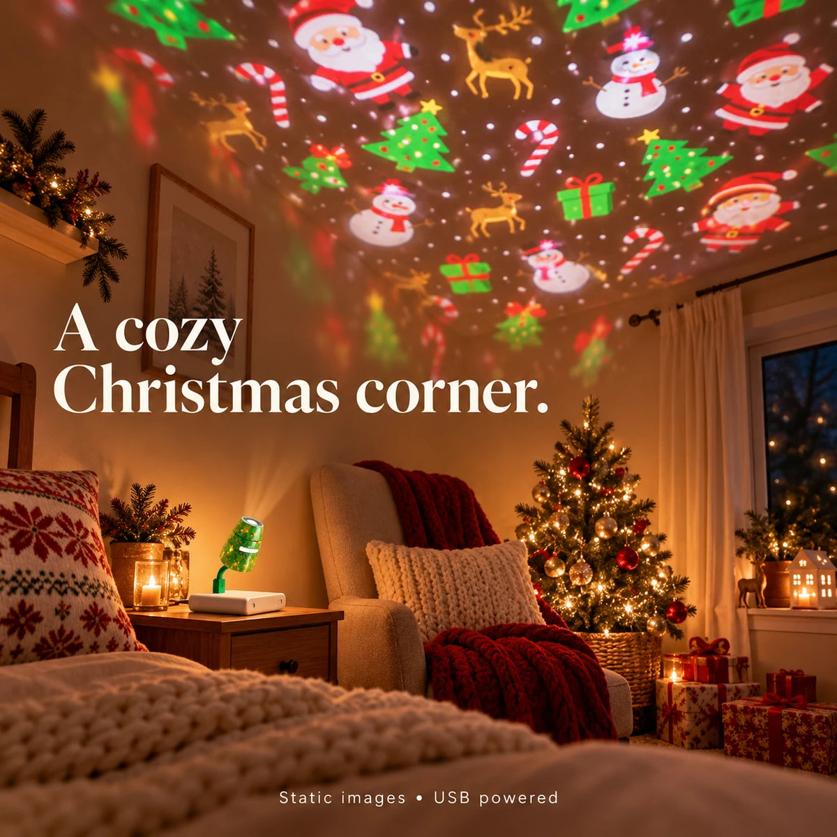 Christmas Tree USB Projector Light — bedroom illustrative indoor scene with static Christmas projections