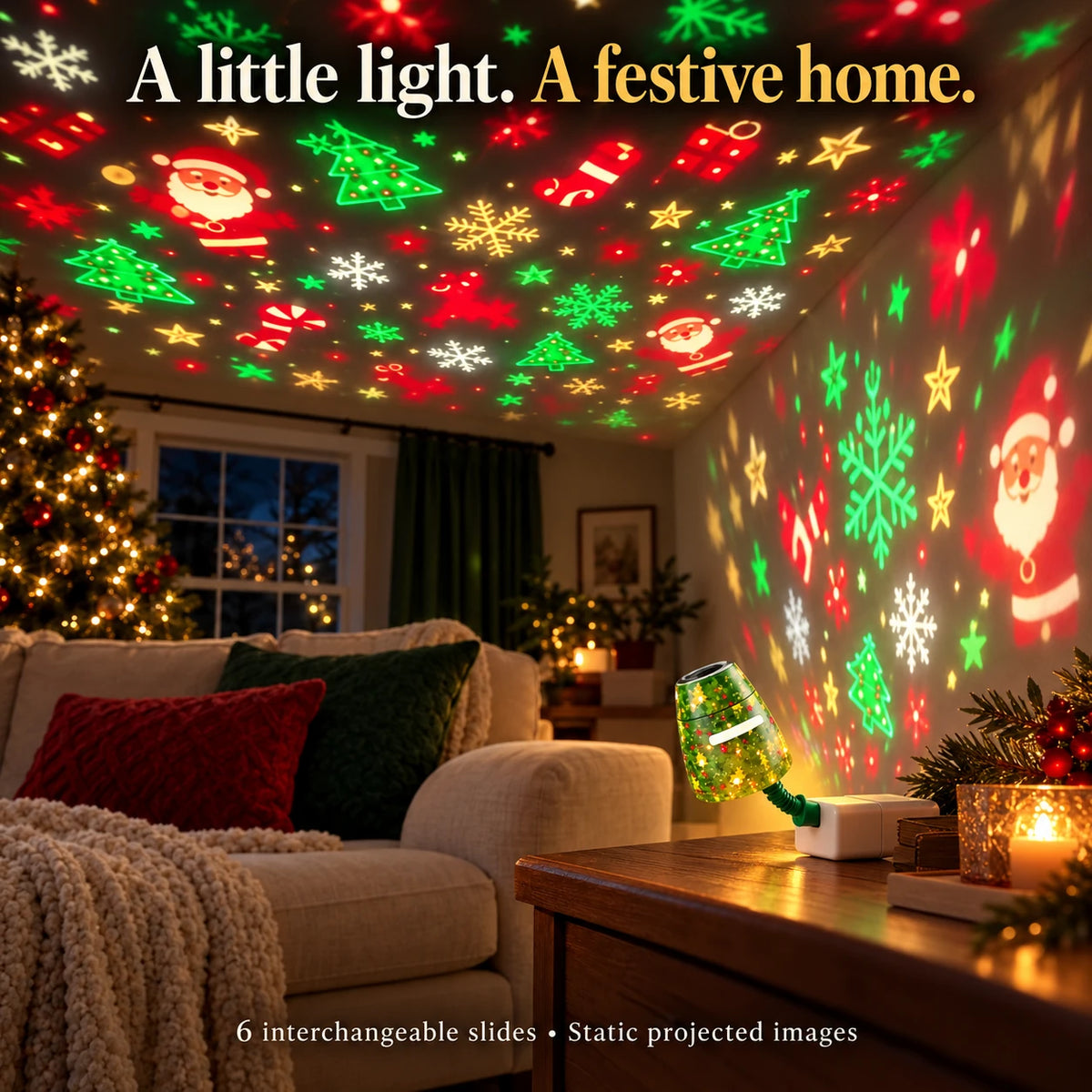 Christmas Tree USB Projector Light — home hero illustrative indoor scene with static Christmas projections