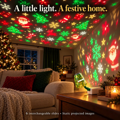 Christmas Tree USB Projector Light — home hero illustrative indoor scene with static Christmas projections
