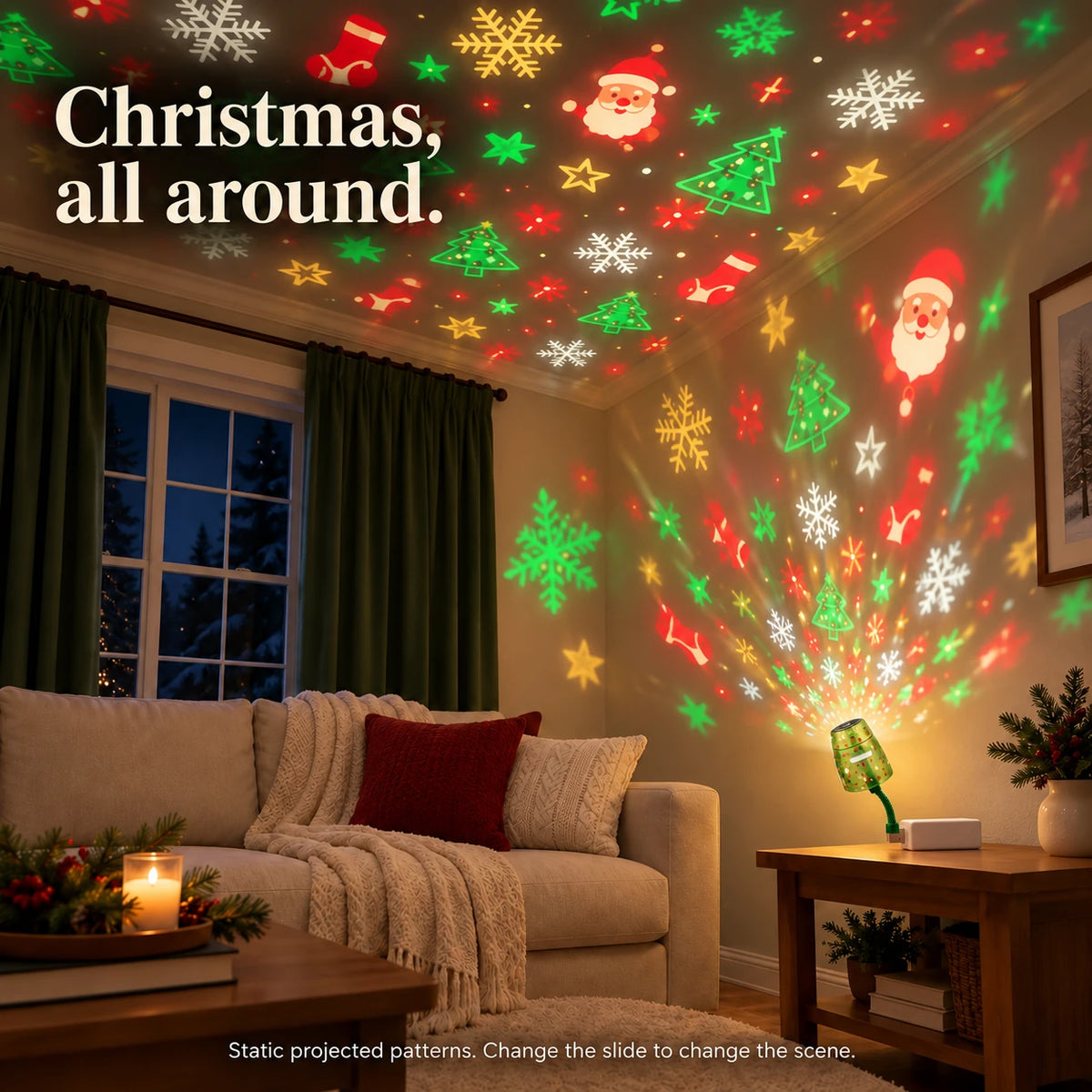 Christmas Tree USB Projector Light — living room illustrative indoor scene with static Christmas projections