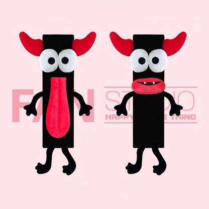 CARMOJ Demon plush seat belt shoulder pad shown from front and back