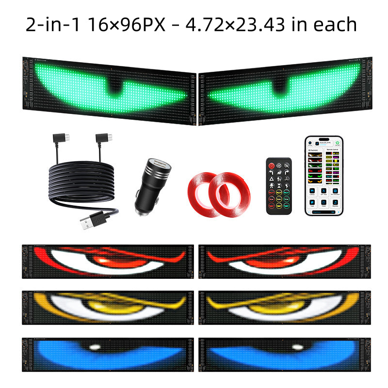 CARMOJ Dual 16x96px Devil Eyes LED panels with accessories and color effects