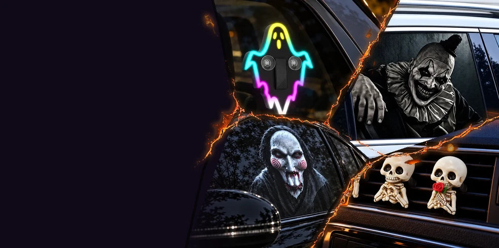 Halloween car decoration scenes: ghost window light, clown decal, projection and skeleton vent clips