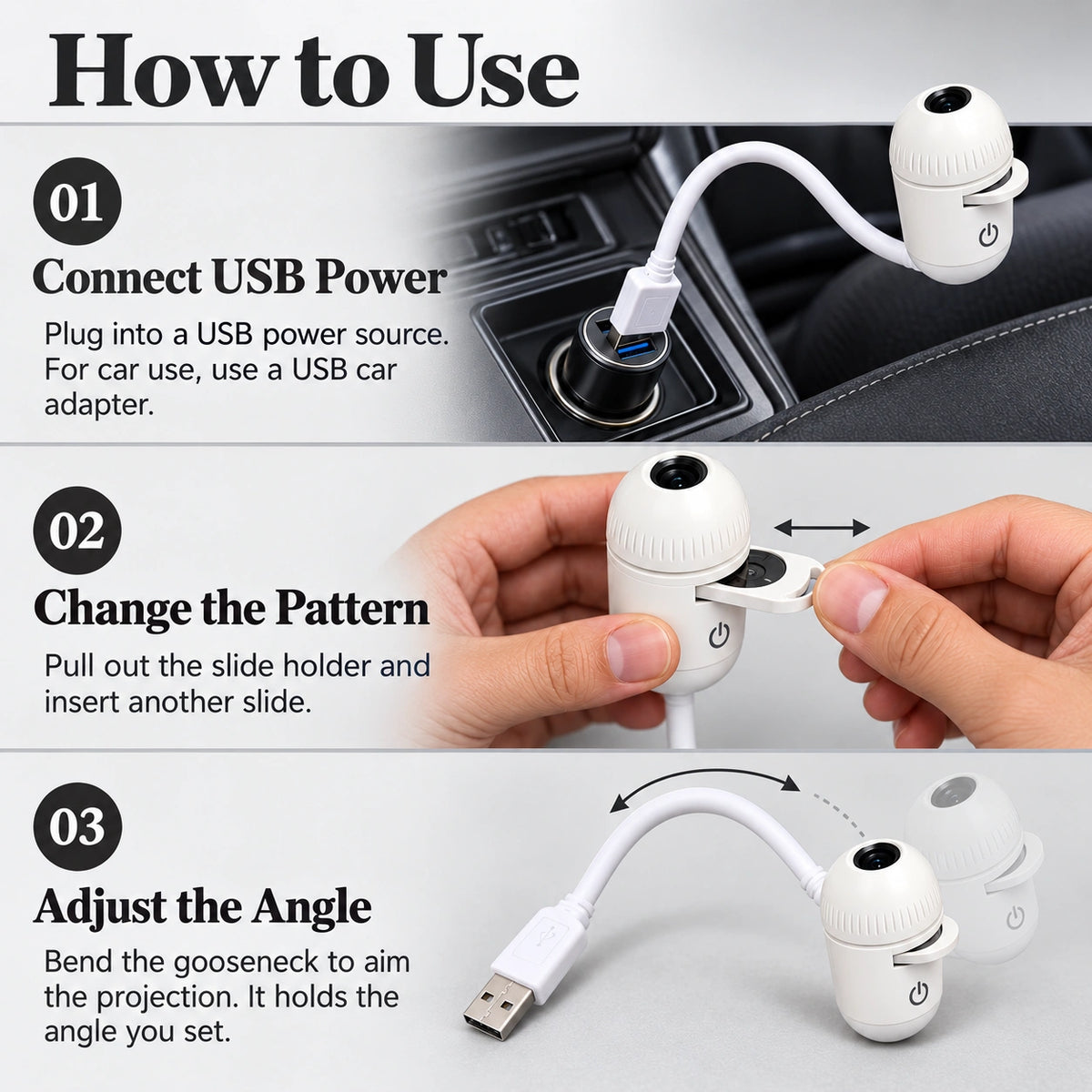 CARMOJ Halloween projector instructions showing USB power connection, slide replacement and gooseneck angle adjustment.