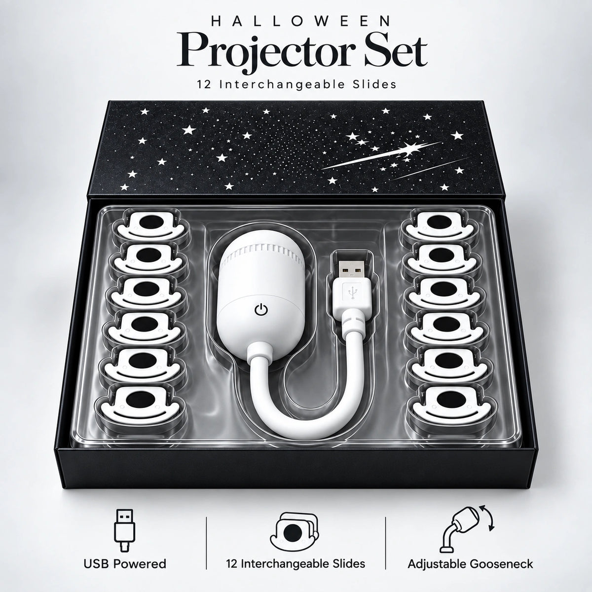 CARMOJ Halloween projector set in an open box with a white USB projector and 12 interchangeable projection slides.