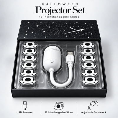CARMOJ Halloween projector set in an open box with a white USB projector and 12 interchangeable projection slides.