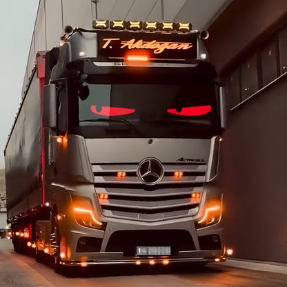 CARMOJ Large Devil Eyes LED display showing red eyes on a truck windshield
