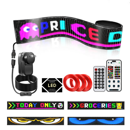 CARMOJ Large programmable LED display showing a scrolling message with accessories