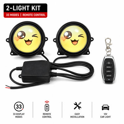 CARMOJ Pair of adjustable Devil Eye LED car lights showing yellow animated faces