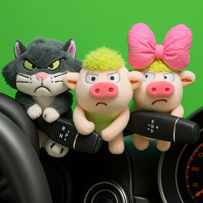 CARMOJ Plush cat and pig gear lever buddies displayed together