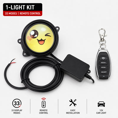 CARMOJ Single adjustable Devil Eye LED car light showing a yellow animated face