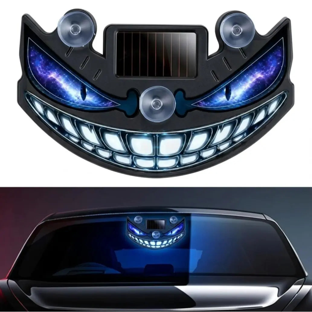 Solar-powered Demon Eye LED light installed on a car rear window