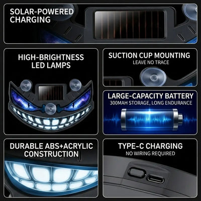 CARMOJ Solar-powered Demon Eye LED car light solar panel, suction cups and Type-C port