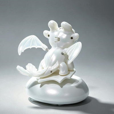 White Light Fury dragon ornament rear view with wings and tail on base