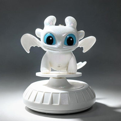White Light Fury dragon dashboard ornament on rotating base, front view