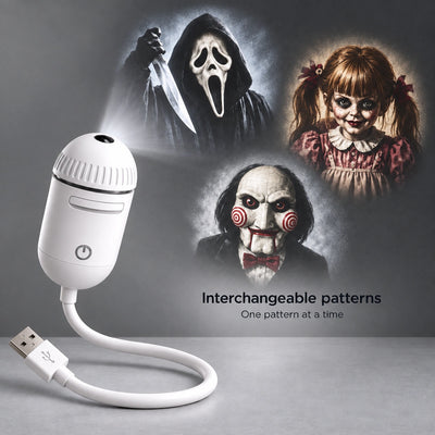 White CARMOJ USB Halloween projector with an adjustable gooseneck and three interchangeable pattern examples, shown one at a time.